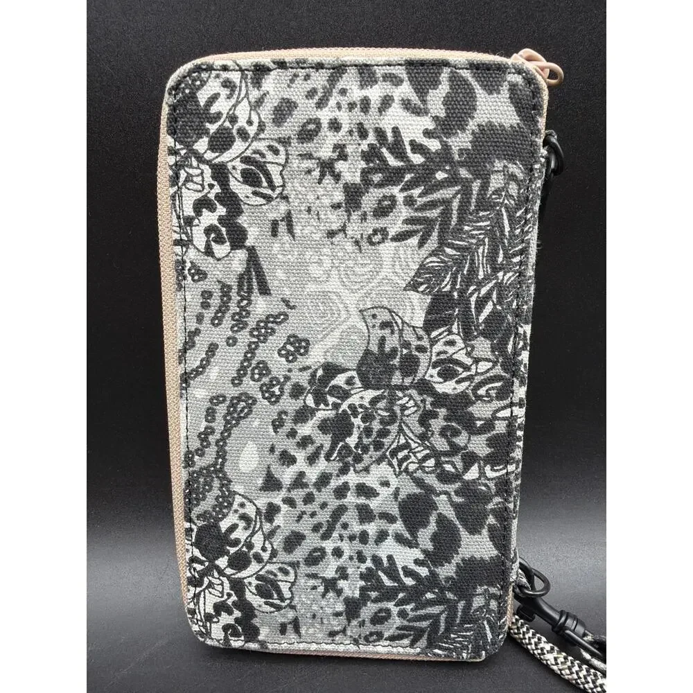 KAVU Crossbody Travel Wallet Organizer Gray Black Floral Zip Phone Passport Bag